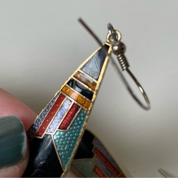 🎰Vintage Pierre Bex-style Art Deco enamel teardrop dangle earrings - Picture 5 of 10